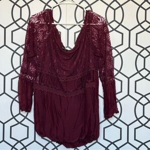 Italian Charlie B Burgundy Lace Off-the-Shoulder Tunic Top, Boho Bell Sleeve, Si